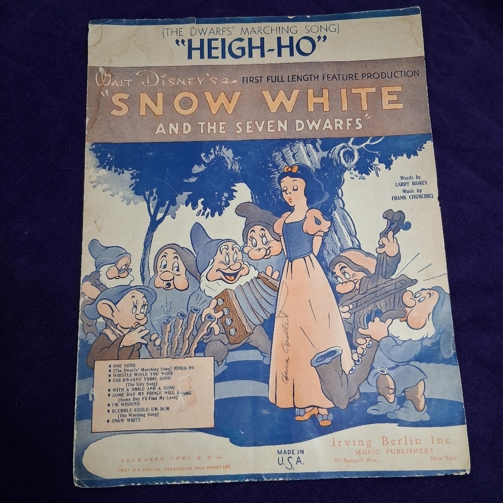 Antique 1937 Sheet Music Heigh-Ho Snow White 7 Dwarfs Disney Irving Berlin RKO